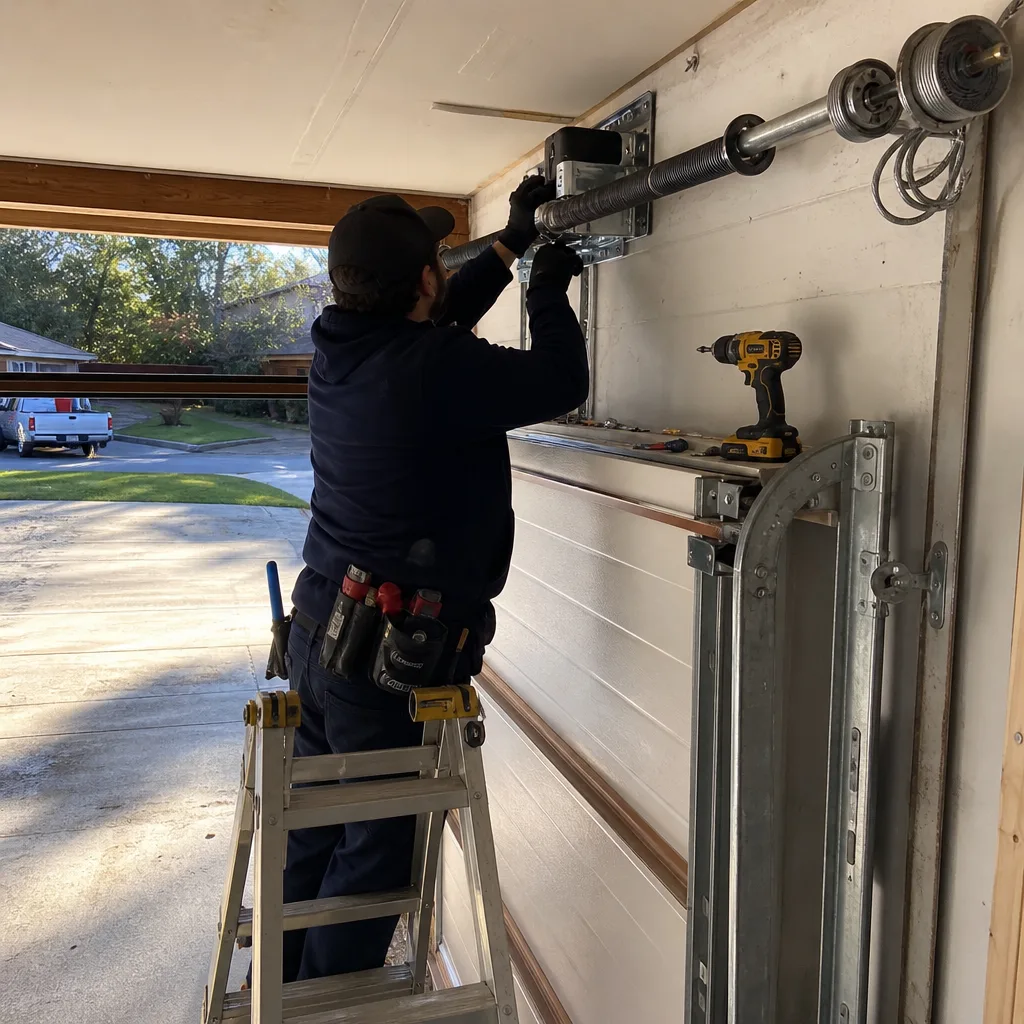 Technician performing professional garage door opener repair and installation.