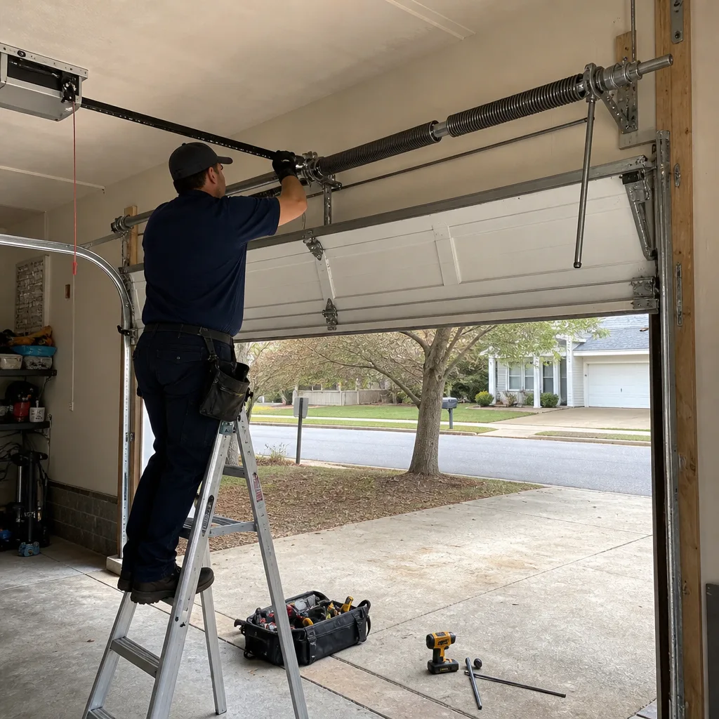 Technician performing professional garage door spring repair and maintenance