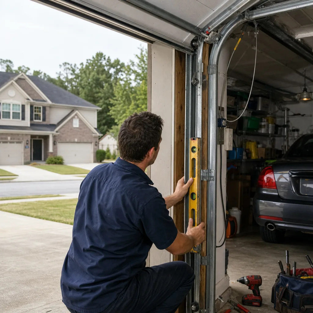 Technician using a level to adjust a garage door track