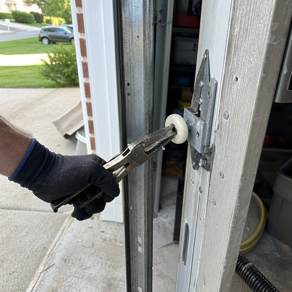 Technician using pliers to repair a garage door roller